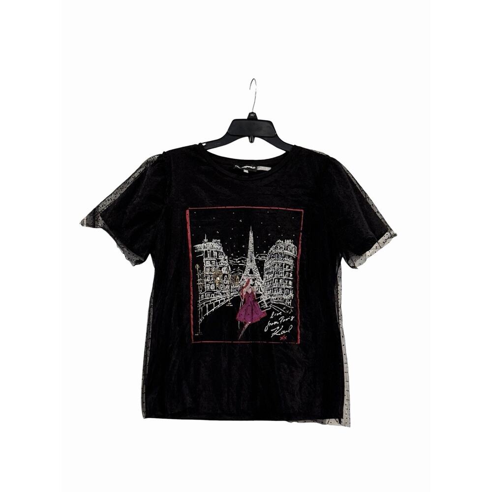 Karl Lagerfeld Paris Women’s Crewnexk Lace Overlay SZ S Novelty Print